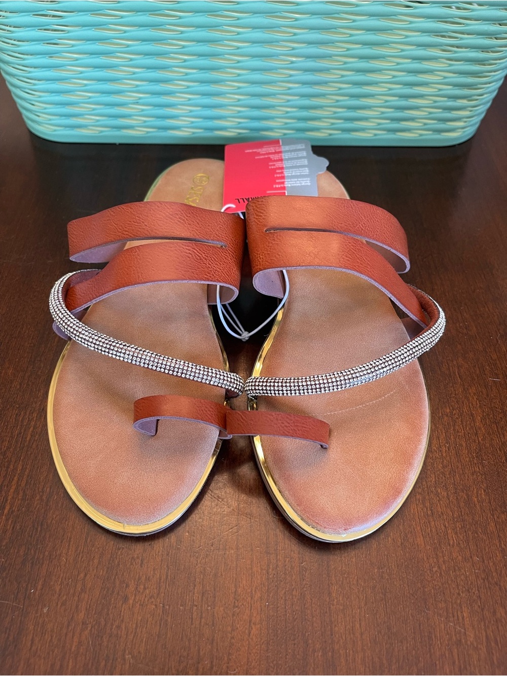 NWT Sesamall Item 357-01 Women's Brown Rhinestone Toe-Loop Sandals
